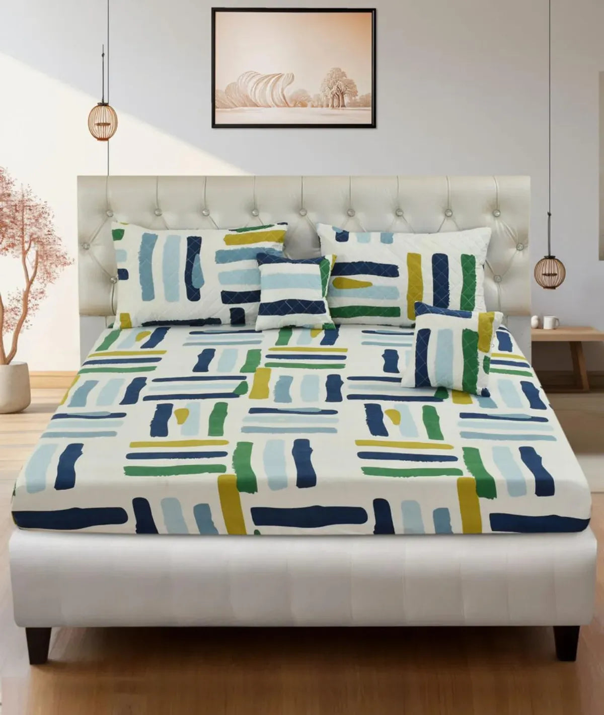 Srovio Modern Brushstroke Pattern 5 Piece Double Size Bedsheet Set with 2 Quilted Pillow Covers & 2 Quilted Prefilled Cushions