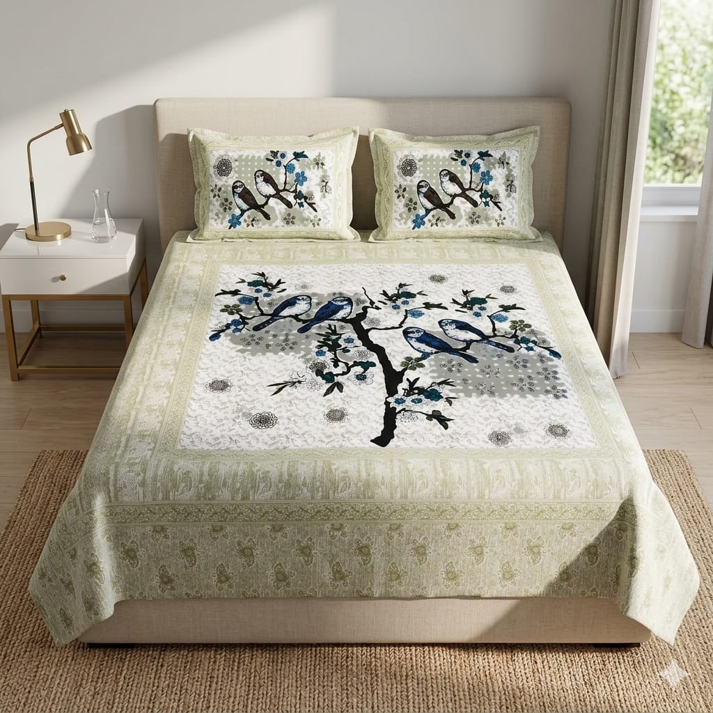 Srovio Jaipuri 100% Cotton King Size Bedsheet (100×108 Inches) – Traditional Bird & Tree Print Jaipuri Cotton Bedspread with 2 Pillow Covers