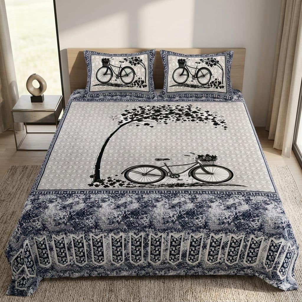 Srovio Jaipuri 100% Cotton King Size Bedsheet (100×108 Inches) – Traditional Old Cycle  Print Premium Cotton Bedspread with covers 2 Pillow Covers (Copy) (Copy)