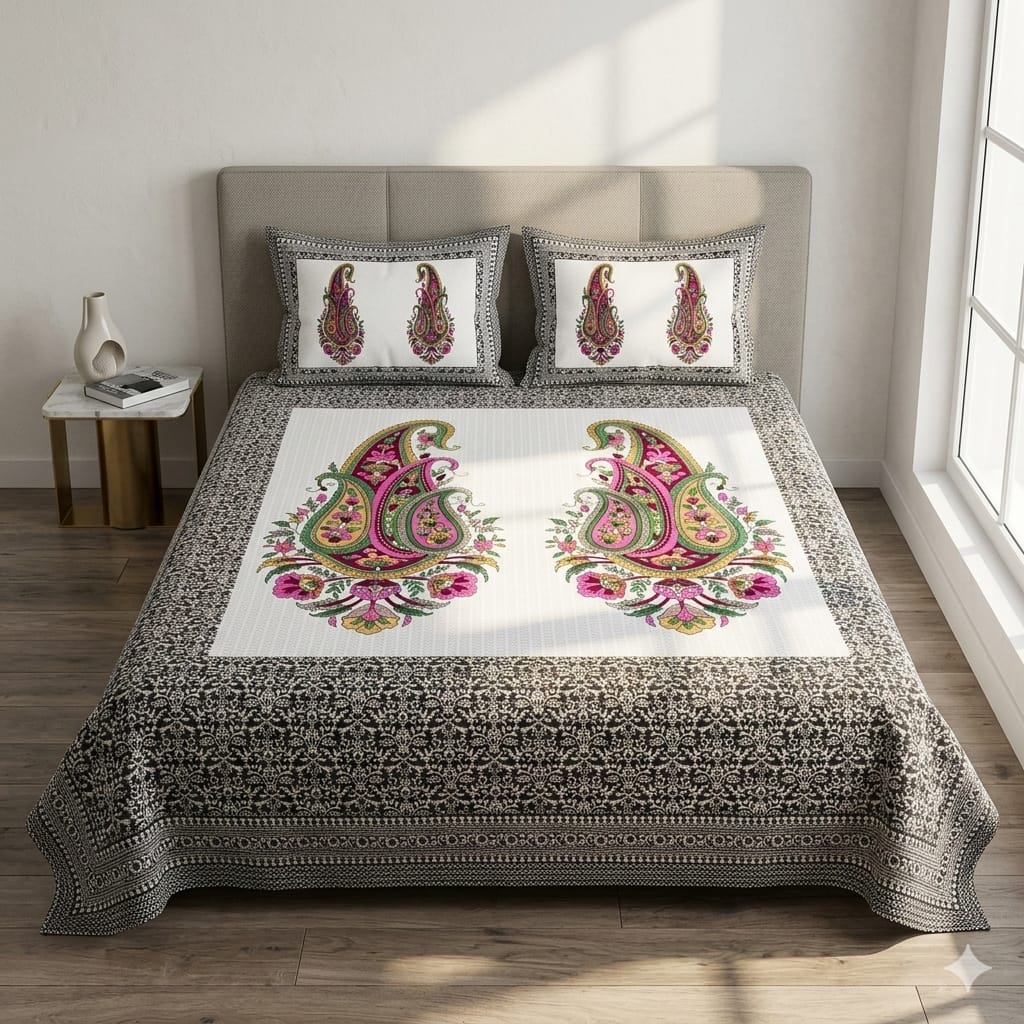Srovio Jaipuri 100% Cotton King Size Bedsheet (100×108 Inches) – Traditional Paisley Print Premium Cotton Bedspread with 2 Pillow Covers